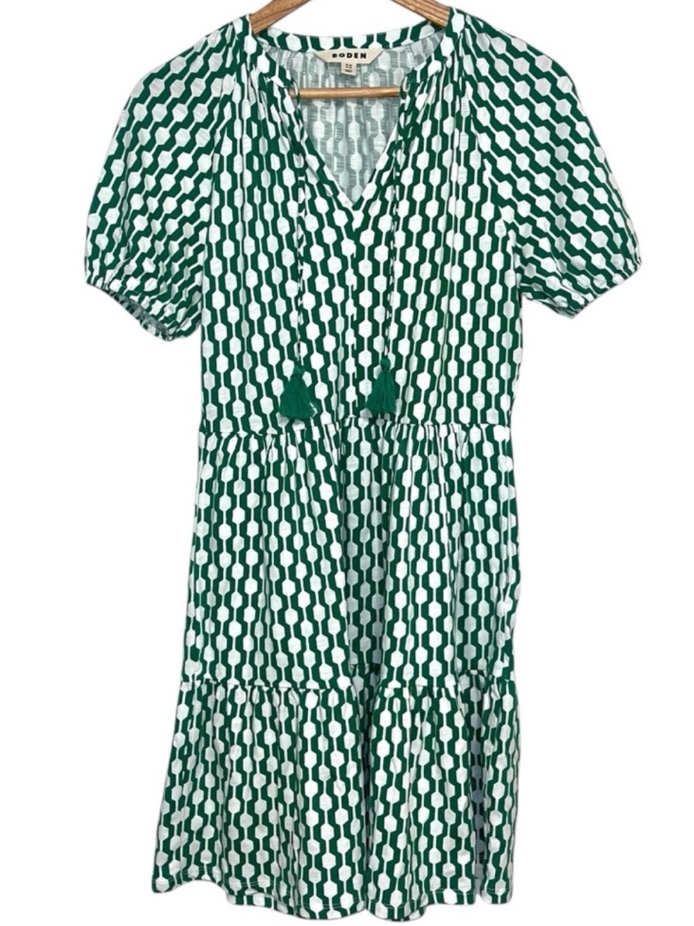Boden Geo Azure Jersey Mini Dress Green White Tassel Size US 2R - Picture 5 of 11